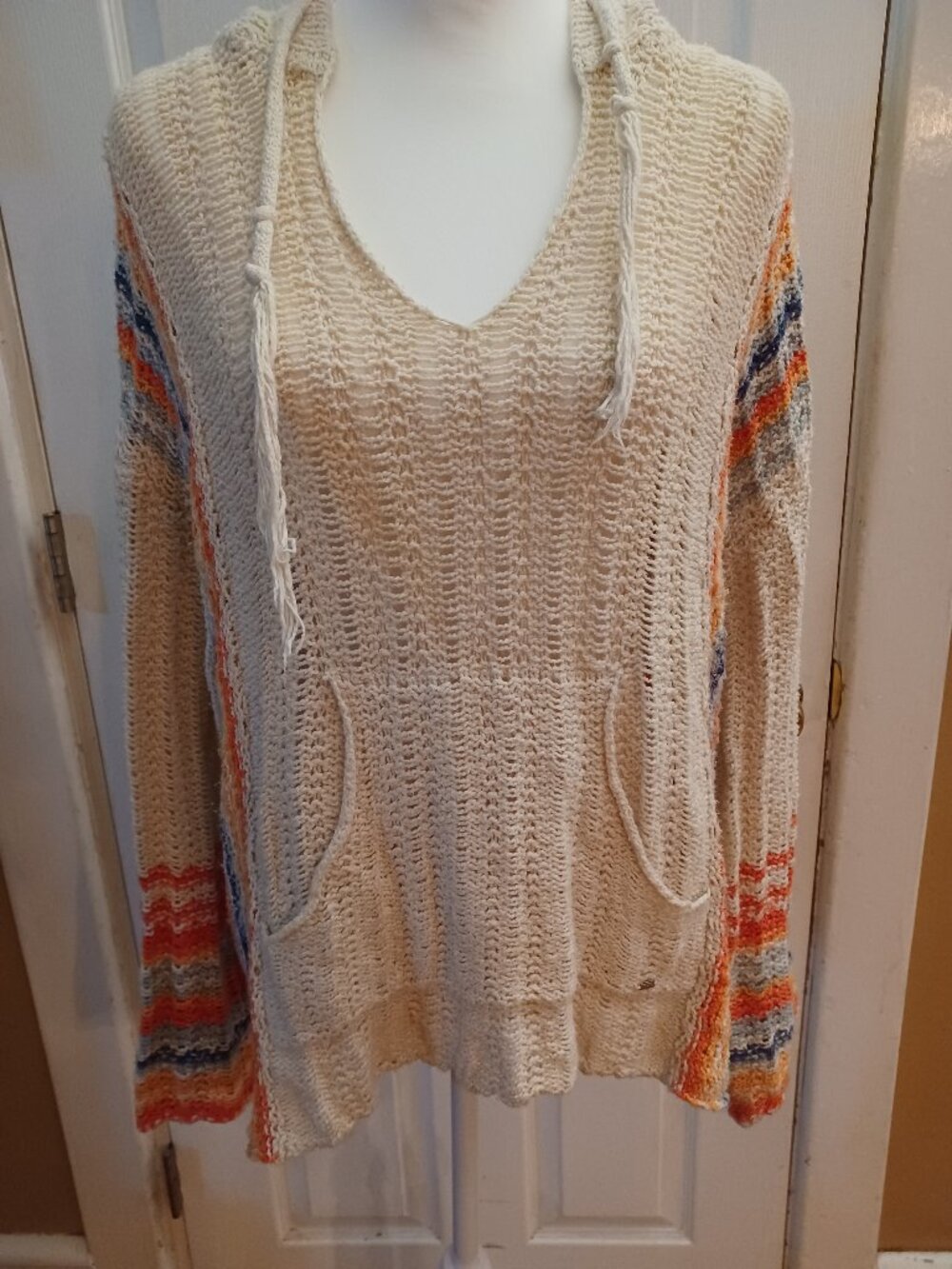 Rip Curl Open Knit Striped Boho Hoodie Size M Beach Surfer